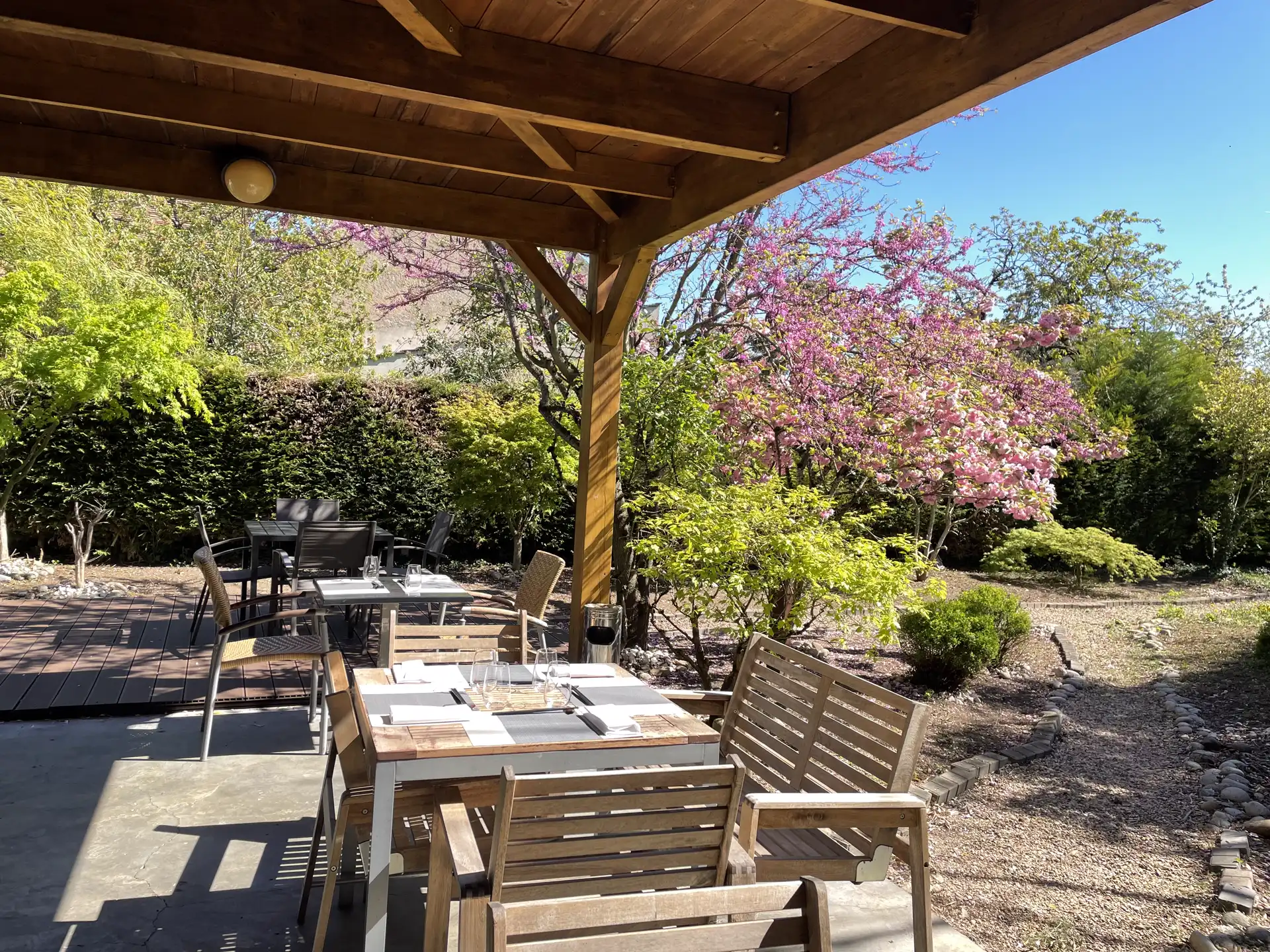 La terrasse du restaurant Sushikai à Beaune, sous un arbre en fleurs du jardin japonais