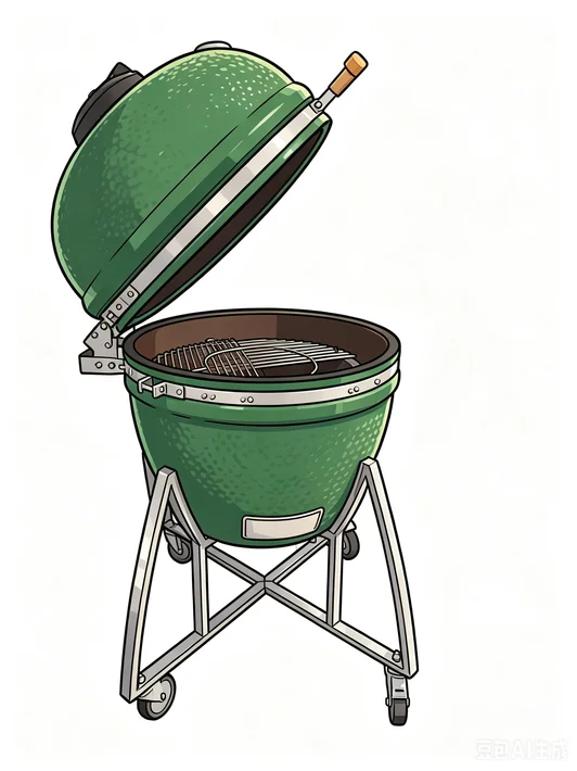 Illustration du Kamado Big Green Egg, le barbecue en céramique du Sushikai, couvercle ouvert sur sa grille